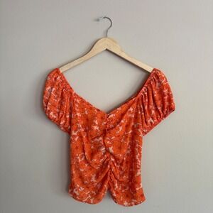 Sienna‎ Sky Orange Floral Ruched Sweetheart Puff Sleeve Top Medium